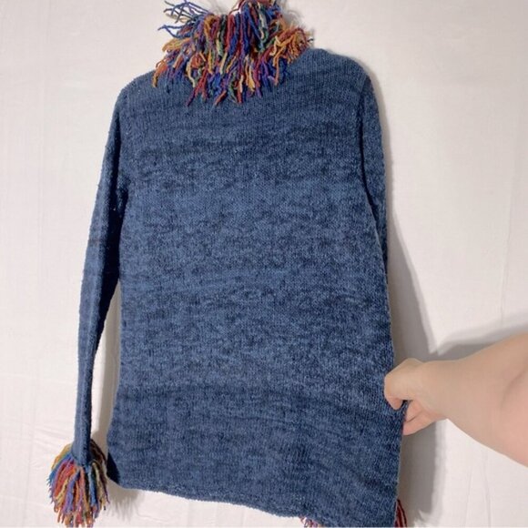 Vintage World Folk Art Imports Blue Wool Knit Sweater With Rainbow Fringe Trim M - Picture 11 of 15